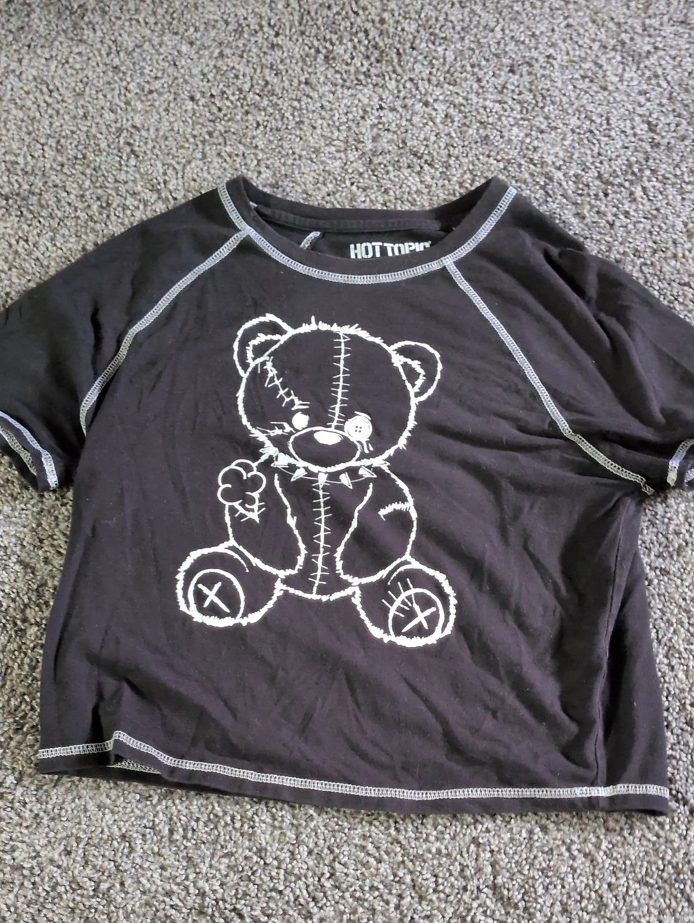 Hot Topic Black Short Sleeve Teddy Bear Crop Top with White Stitch Graphic